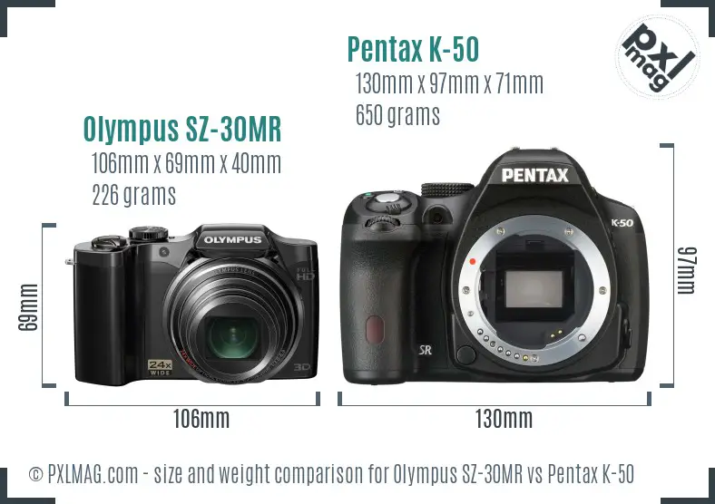 Olympus SZ-30MR vs Pentax K-50 size comparison