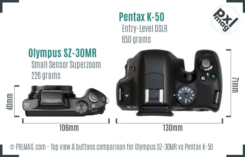 Olympus SZ-30MR vs Pentax K-50 top view buttons comparison