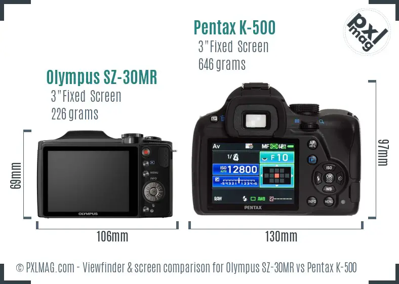 Olympus SZ-30MR vs Pentax K-500 Screen and Viewfinder comparison