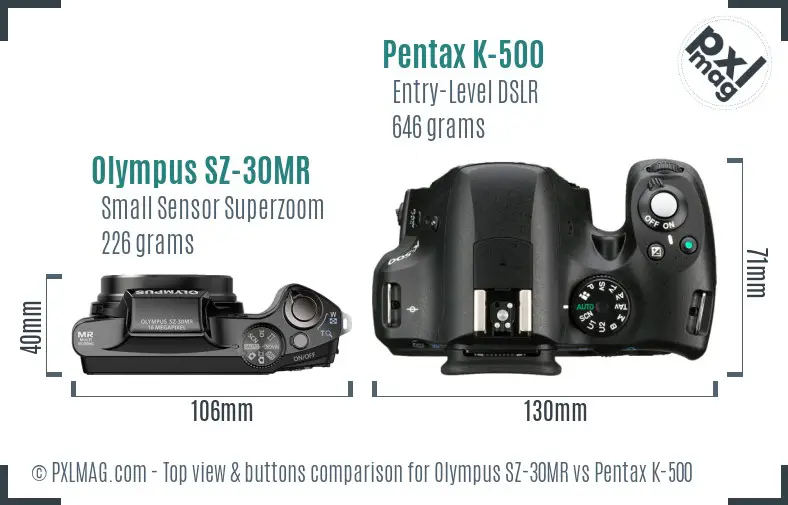 Olympus SZ-30MR vs Pentax K-500 top view buttons comparison