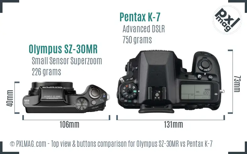 Olympus SZ-30MR vs Pentax K-7 top view buttons comparison