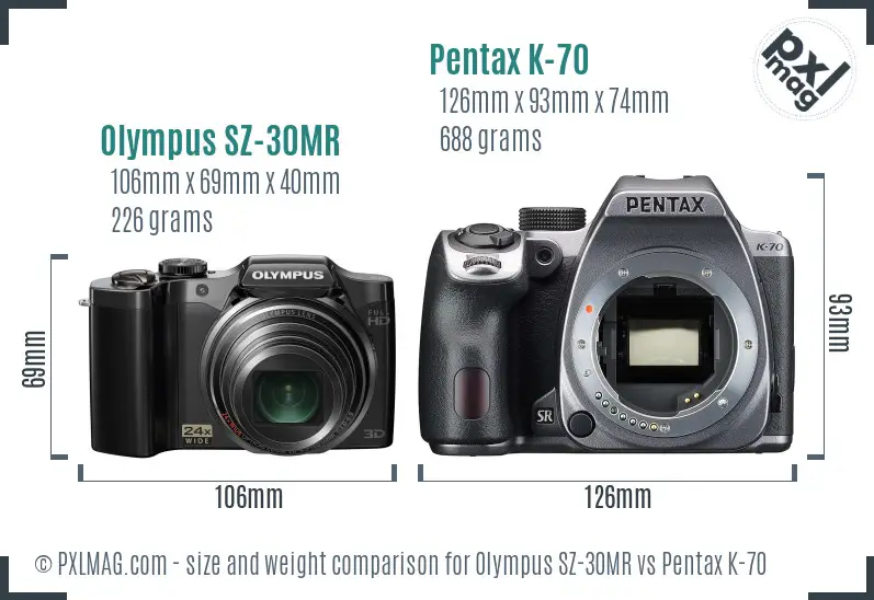 Olympus SZ-30MR vs Pentax K-70 size comparison