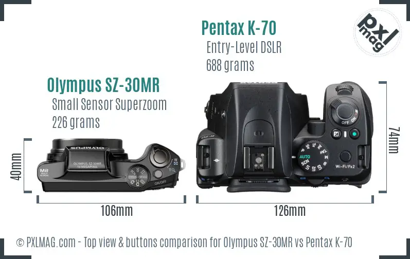 Olympus SZ-30MR vs Pentax K-70 top view buttons comparison