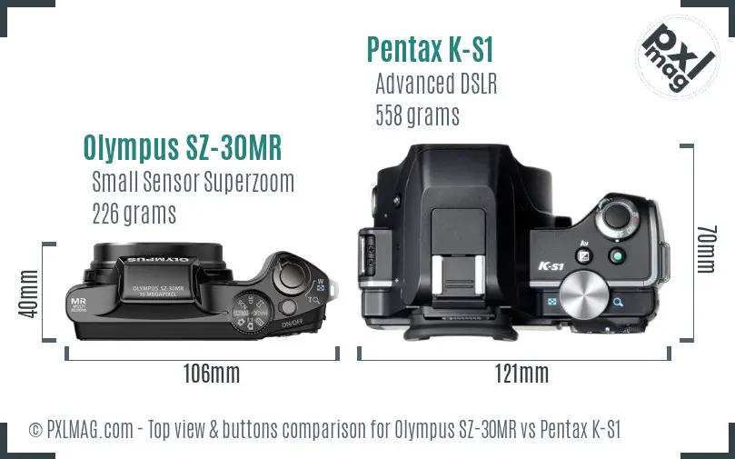 Olympus SZ-30MR vs Pentax K-S1 top view buttons comparison