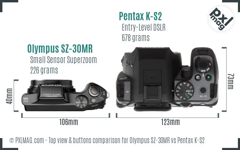 Olympus SZ-30MR vs Pentax K-S2 top view buttons comparison