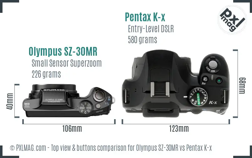 Olympus SZ-30MR vs Pentax K-x top view buttons comparison