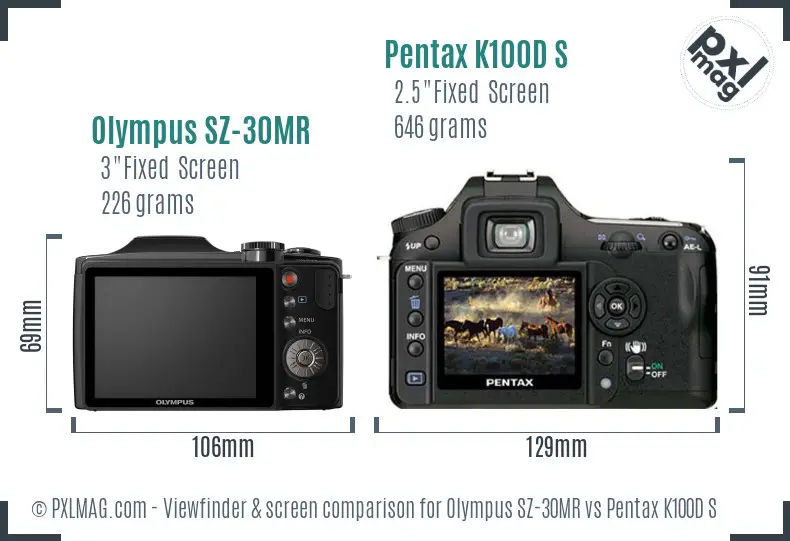 Olympus SZ-30MR vs Pentax K100D S Screen and Viewfinder comparison