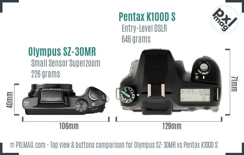 Olympus SZ-30MR vs Pentax K100D S top view buttons comparison