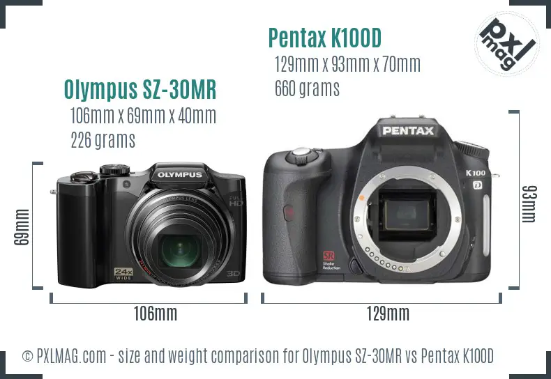 Olympus SZ-30MR vs Pentax K100D size comparison