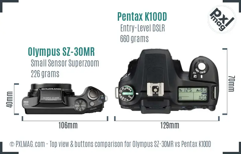 Olympus SZ-30MR vs Pentax K100D top view buttons comparison