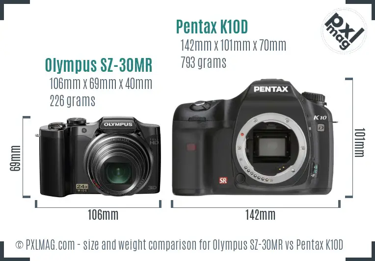 Olympus SZ-30MR vs Pentax K10D size comparison