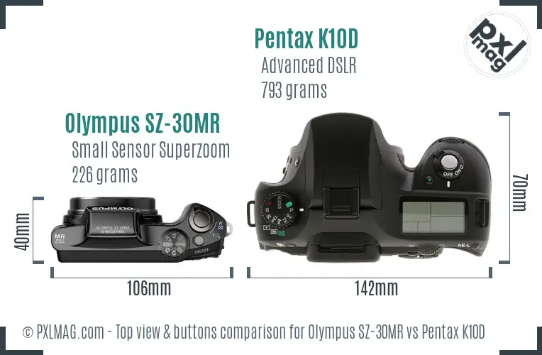 Olympus SZ-30MR vs Pentax K10D top view buttons comparison