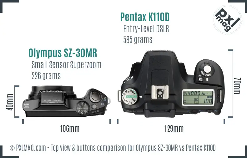 Olympus SZ-30MR vs Pentax K110D top view buttons comparison