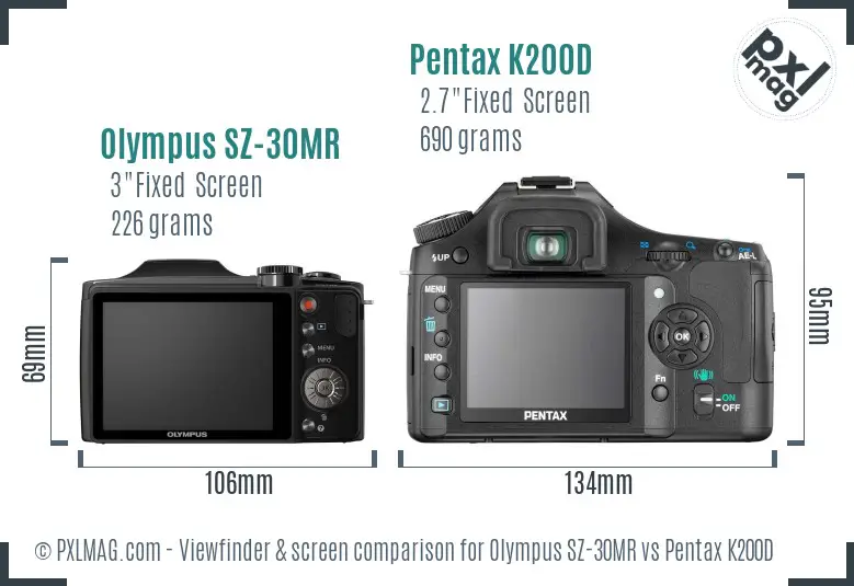 Olympus SZ-30MR vs Pentax K200D Screen and Viewfinder comparison