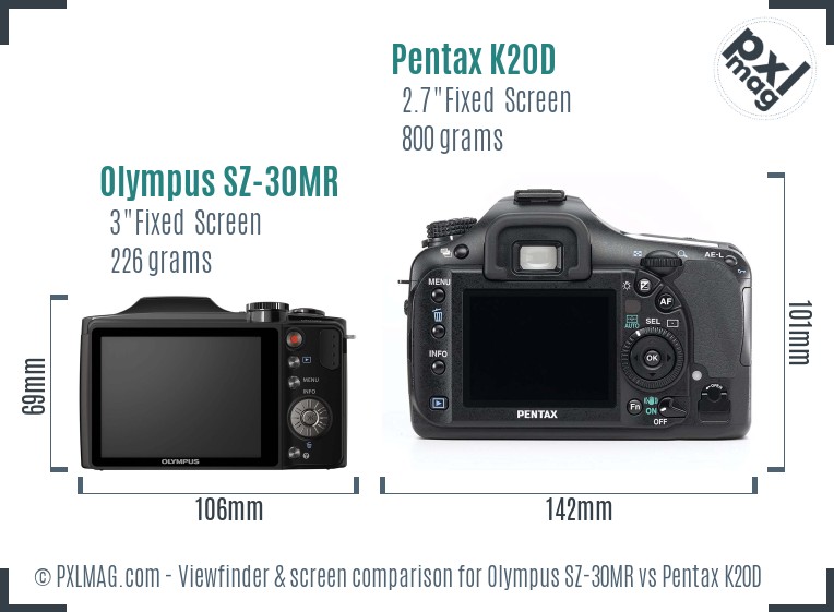 Olympus SZ-30MR vs Pentax K20D Screen and Viewfinder comparison