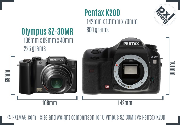 Olympus SZ-30MR vs Pentax K20D size comparison