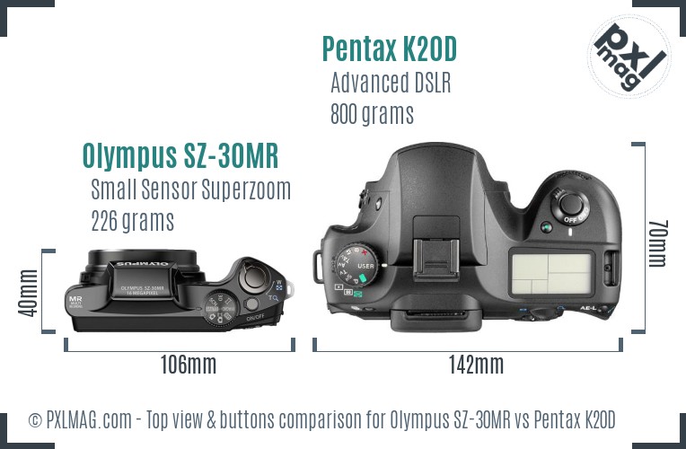 Olympus SZ-30MR vs Pentax K20D top view buttons comparison