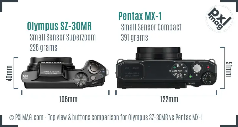 Olympus SZ-30MR vs Pentax MX-1 top view buttons comparison