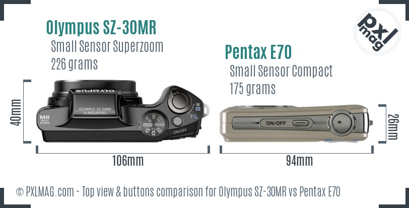 Olympus SZ-30MR vs Pentax E70 top view buttons comparison