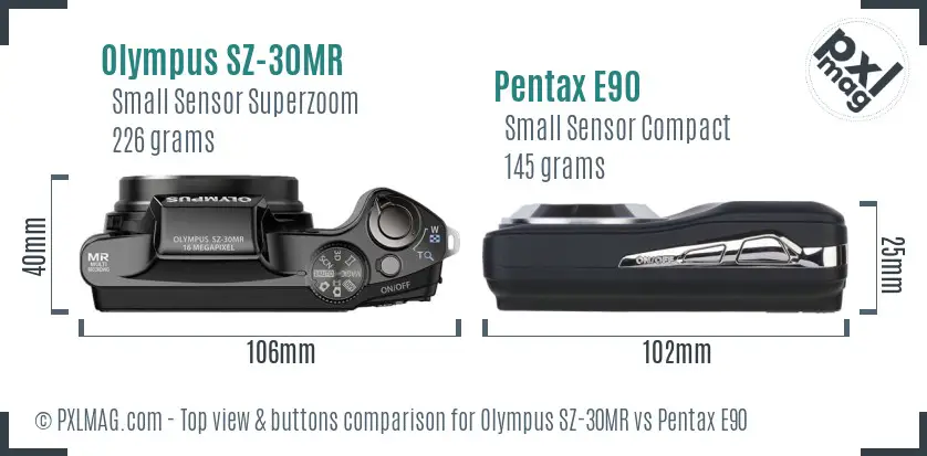 Olympus SZ-30MR vs Pentax E90 top view buttons comparison