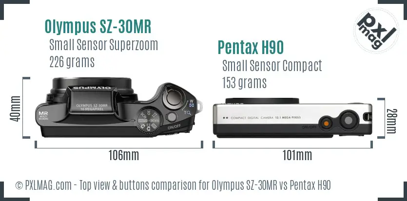 Olympus SZ-30MR vs Pentax H90 top view buttons comparison