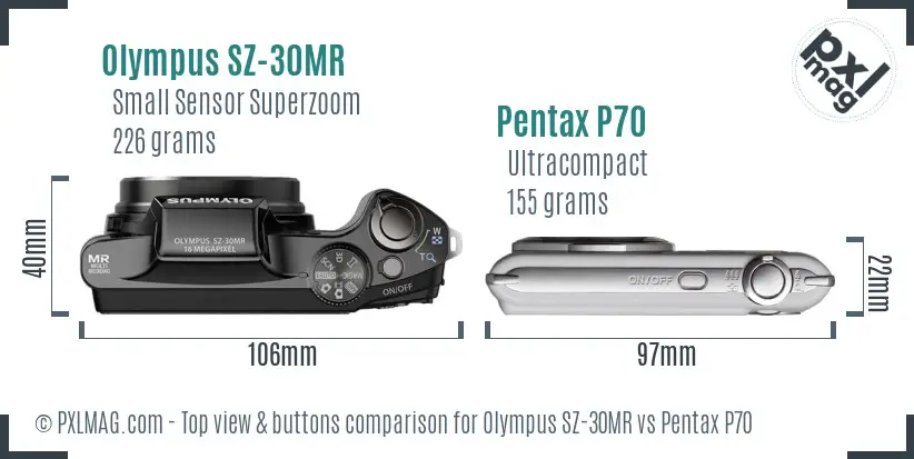 Olympus SZ-30MR vs Pentax P70 top view buttons comparison