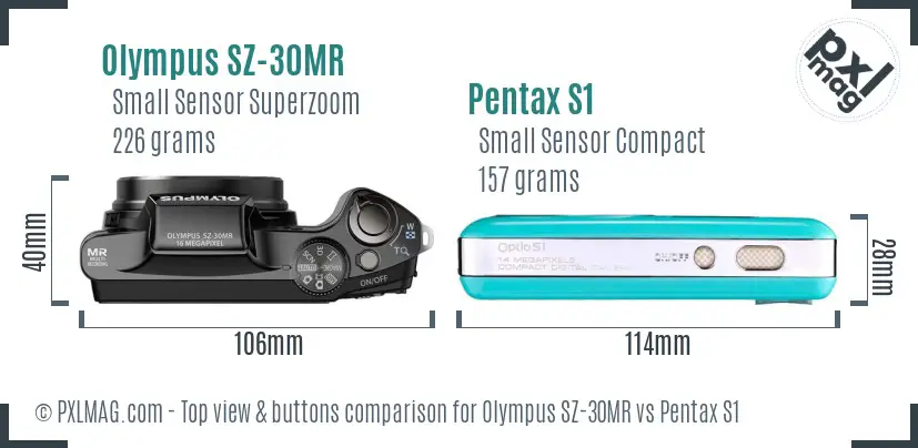 Olympus SZ-30MR vs Pentax S1 top view buttons comparison