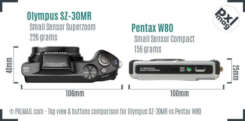 Olympus SZ-30MR vs Pentax W80 top view buttons comparison