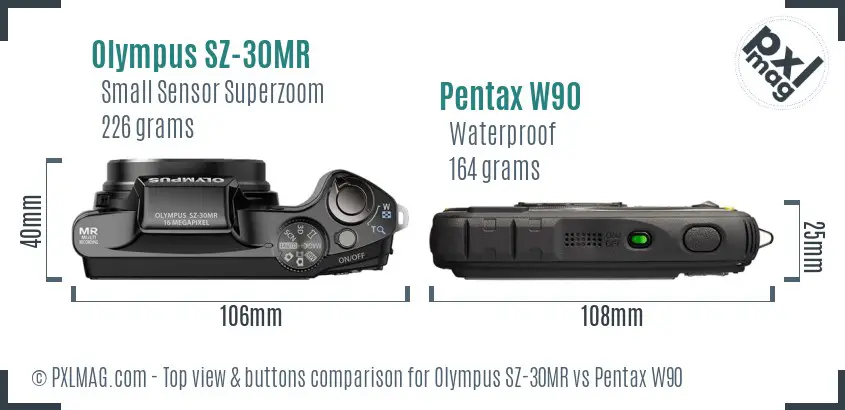 Olympus SZ-30MR vs Pentax W90 top view buttons comparison