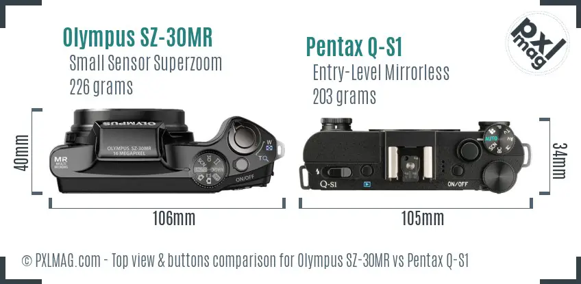 Olympus SZ-30MR vs Pentax Q-S1 top view buttons comparison