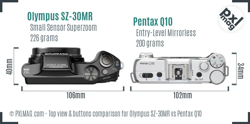 Olympus SZ-30MR vs Pentax Q10 top view buttons comparison