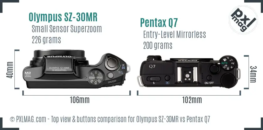 Olympus SZ-30MR vs Pentax Q7 top view buttons comparison