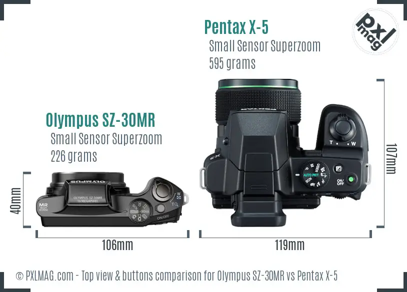 Olympus SZ-30MR vs Pentax X-5 top view buttons comparison