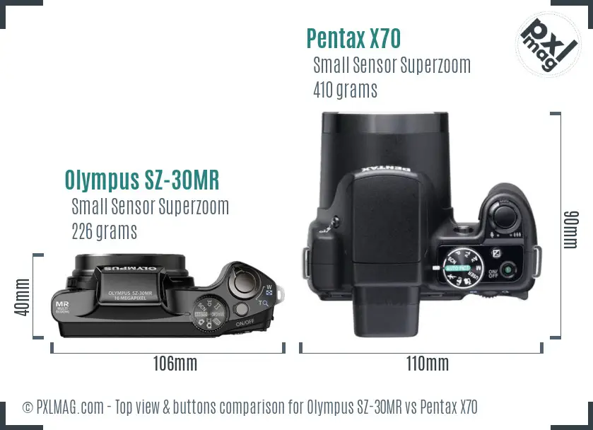 Olympus SZ-30MR vs Pentax X70 top view buttons comparison