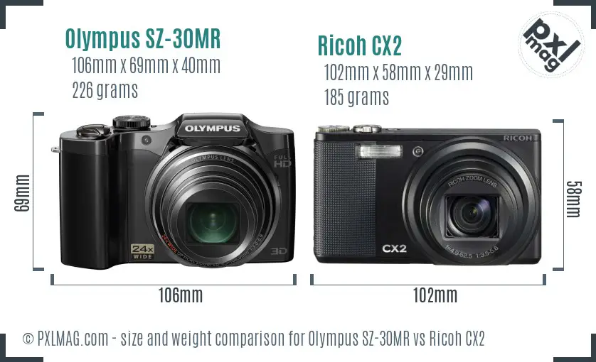 Olympus SZ-30MR vs Ricoh CX2 size comparison