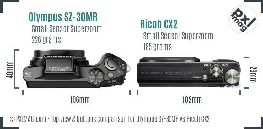 Olympus SZ-30MR vs Ricoh CX2 top view buttons comparison