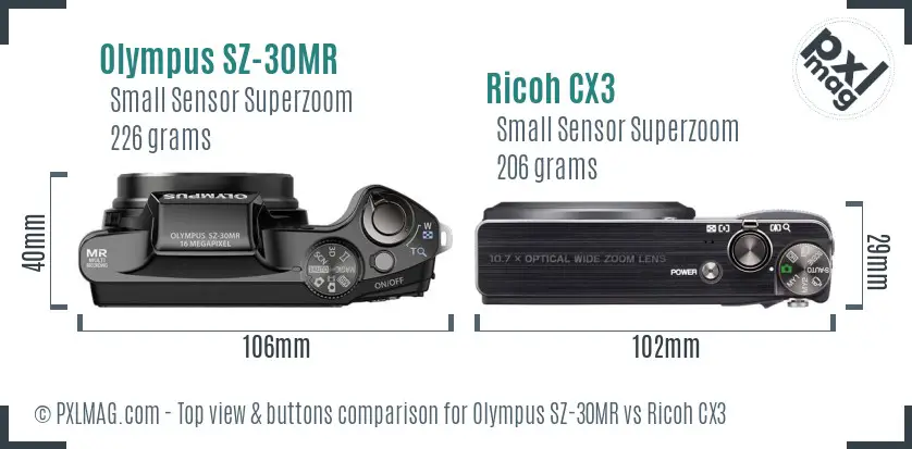Olympus SZ-30MR vs Ricoh CX3 top view buttons comparison