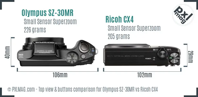 Olympus SZ-30MR vs Ricoh CX4 top view buttons comparison