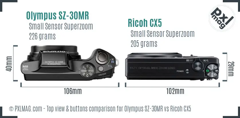 Olympus SZ-30MR vs Ricoh CX5 top view buttons comparison