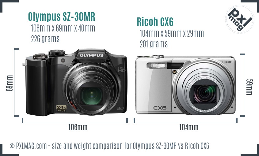 Olympus SZ-30MR vs Ricoh CX6 size comparison Olympus SZ-30MR vs Ricoh CX6 size comparison