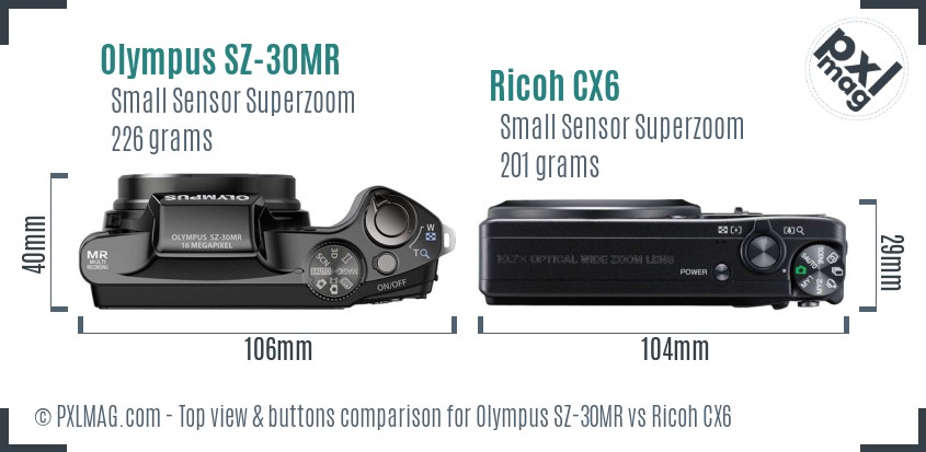 Olympus SZ-30MR vs Ricoh CX6 top view buttons comparison