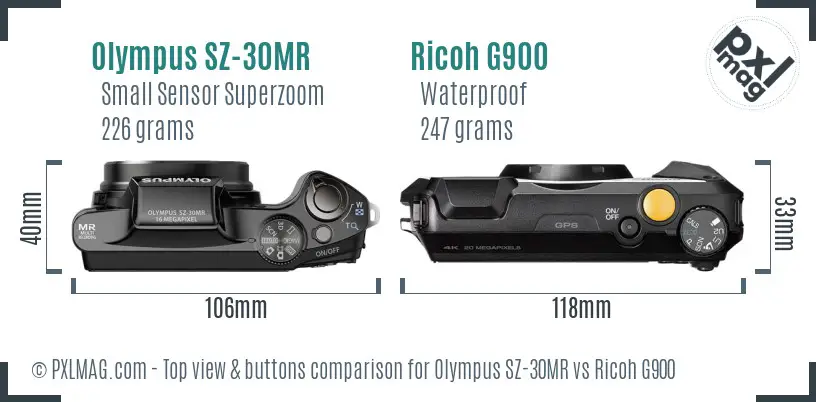 Olympus SZ-30MR vs Ricoh G900 top view buttons comparison Olympus SZ-30MR vs Ricoh G900 top view buttons comparison