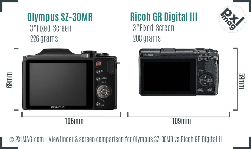 Olympus SZ-30MR vs Ricoh GR Digital III Screen and Viewfinder comparison