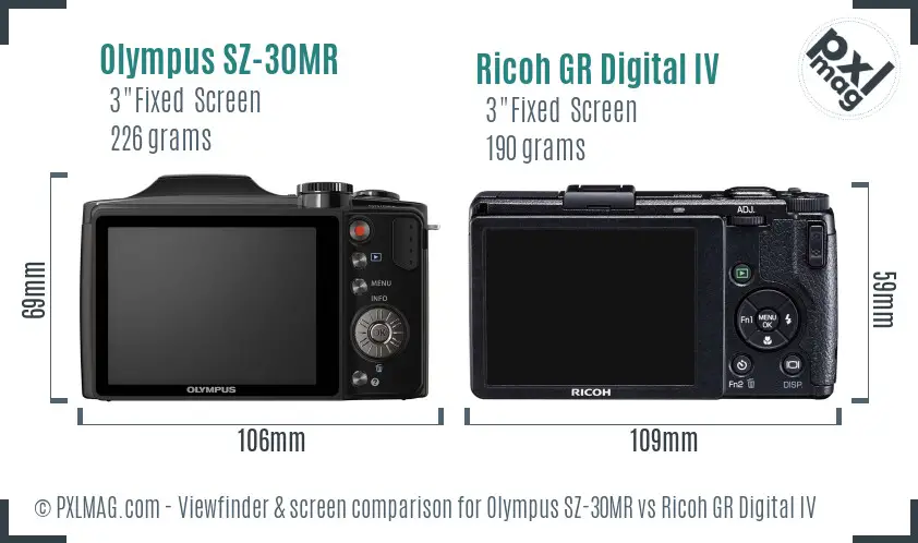 Olympus SZ-30MR vs Ricoh GR Digital IV Screen and Viewfinder comparison