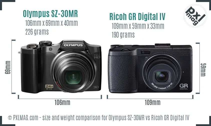 Olympus SZ-30MR vs Ricoh GR Digital IV size comparison