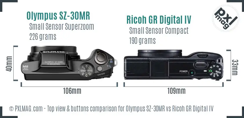 Olympus SZ-30MR vs Ricoh GR Digital IV top view buttons comparison