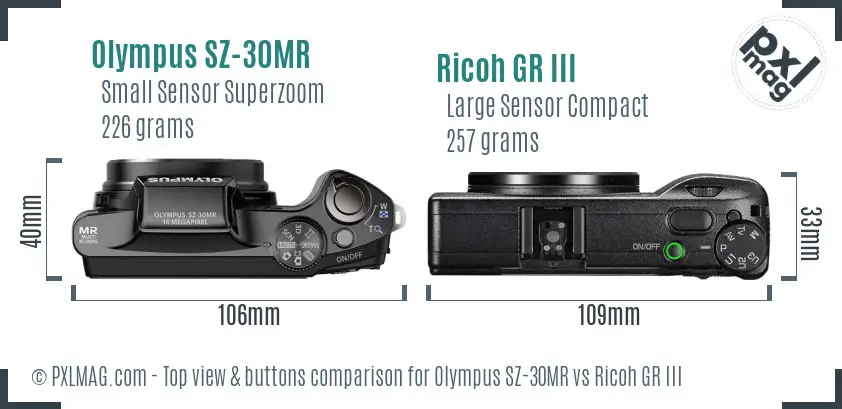 Olympus SZ-30MR vs Ricoh GR III top view buttons comparison Olympus SZ-30MR vs Ricoh GR III top view buttons comparison