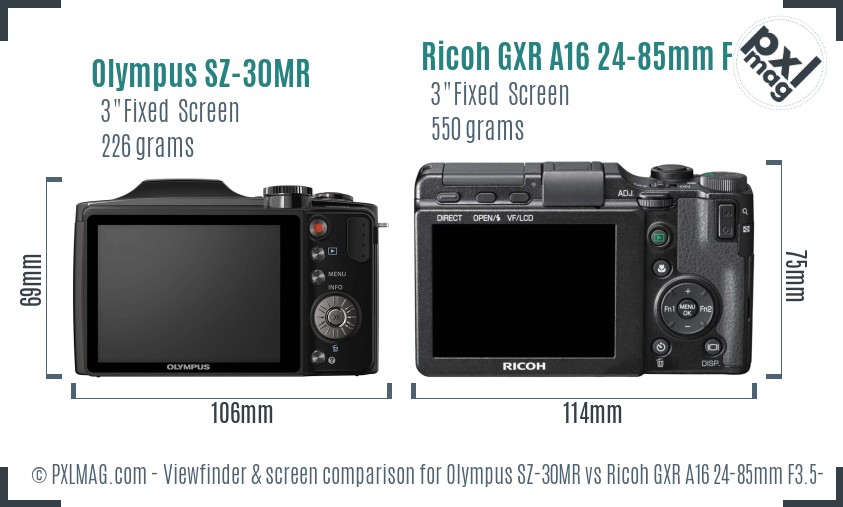 Olympus SZ-30MR vs Ricoh GXR A16 24-85mm F3.5-5.5 Screen and Viewfinder comparison
