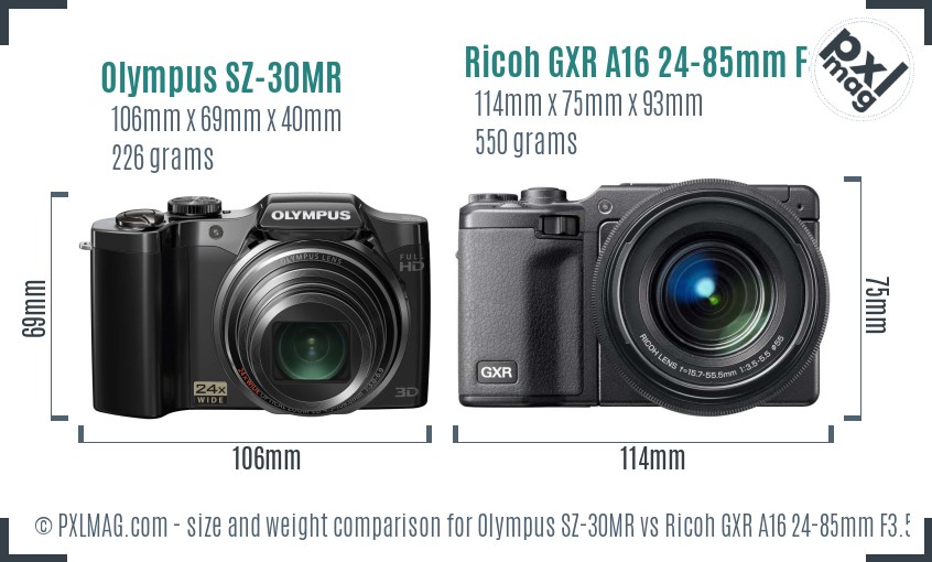 Olympus SZ-30MR vs Ricoh GXR A16 24-85mm F3.5-5.5 size comparison