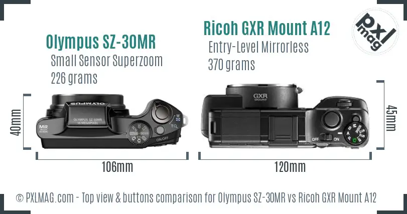 Olympus SZ-30MR vs Ricoh GXR Mount A12 top view buttons comparison Olympus SZ-30MR vs Ricoh GXR Mount A12 top view buttons comparison